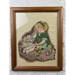 Vtg Framed Needlepoint Cross Stitch Old Fashion Girl Toys Wall Decor‎ Art